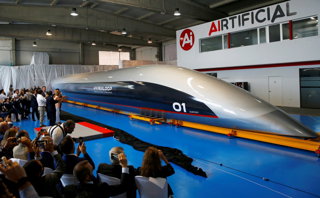 Shows the first passenger capsule the Hyperloop Transport Technologies